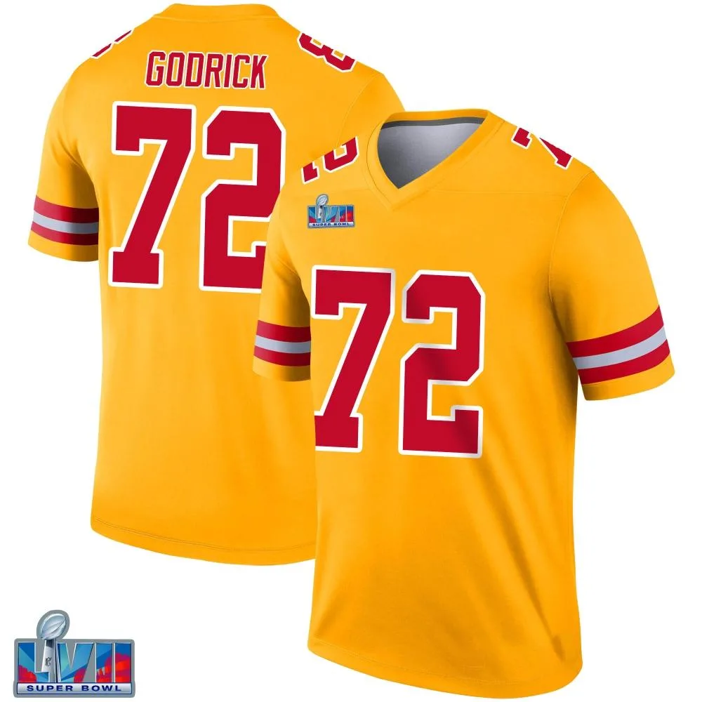 Men's Kansas City Chiefs Chukwuebuka Godrick Nike Inverted Super Bowl LVII Patch Legend Gold Jersey Men's Kansas City Chiefs Chukwuebuka Godrick Nike Inverted Super Bowl LVII Patch Legend Gold Jersey