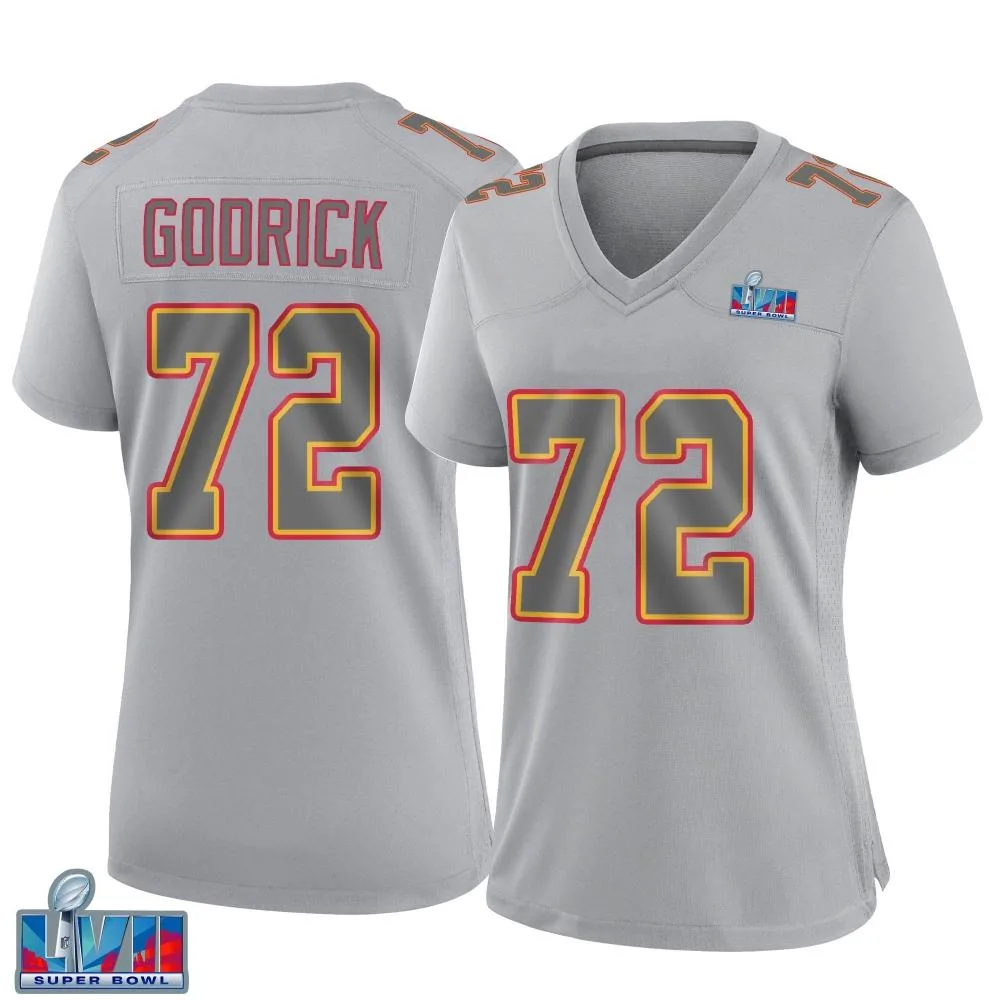 Women's Kansas City Chiefs Chukwuebuka Godrick Nike Atmosphere Fashion Super Bowl LVII Patch Game Gray Jersey Women's Kansas City Chiefs Chukwuebuka Godrick Nike Atmosphere Fashion Super Bowl LVII Patch Game Gray Jersey