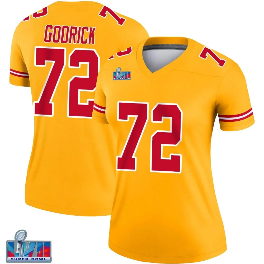 Women's Kansas City Chiefs Chukwuebuka Godrick Nike Inverted Super Bowl LVII Patch Legend Gold Jersey Women's Kansas City Chiefs Chukwuebuka Godrick Nike Inverted Super Bowl LVII Patch Legend Gold Jersey