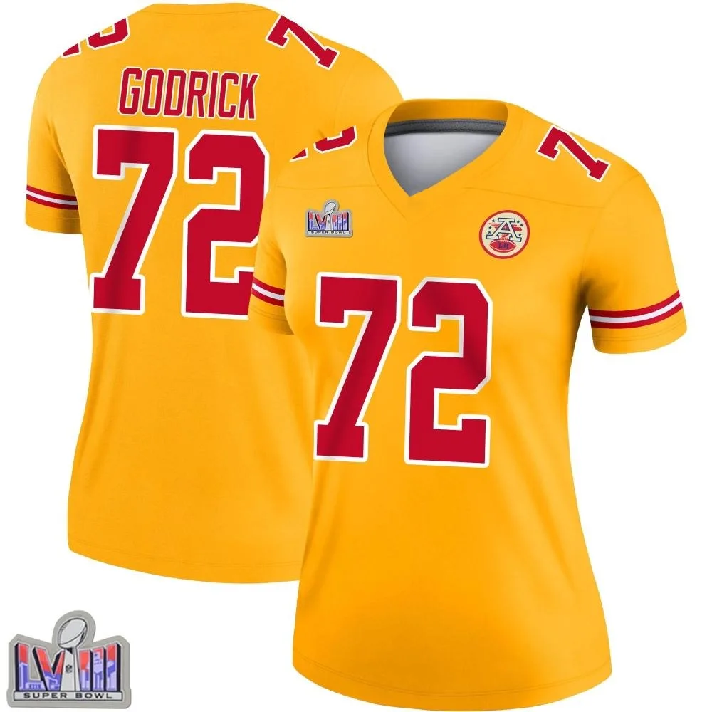 Women's Kansas City Chiefs Chukwuebuka Godrick Nike Inverted Super Bowl LVIII Patch Legend Gold Jersey Women's Kansas City Chiefs Chukwuebuka Godrick Nike Inverted Super Bowl LVIII Patch Legend Gold Jersey