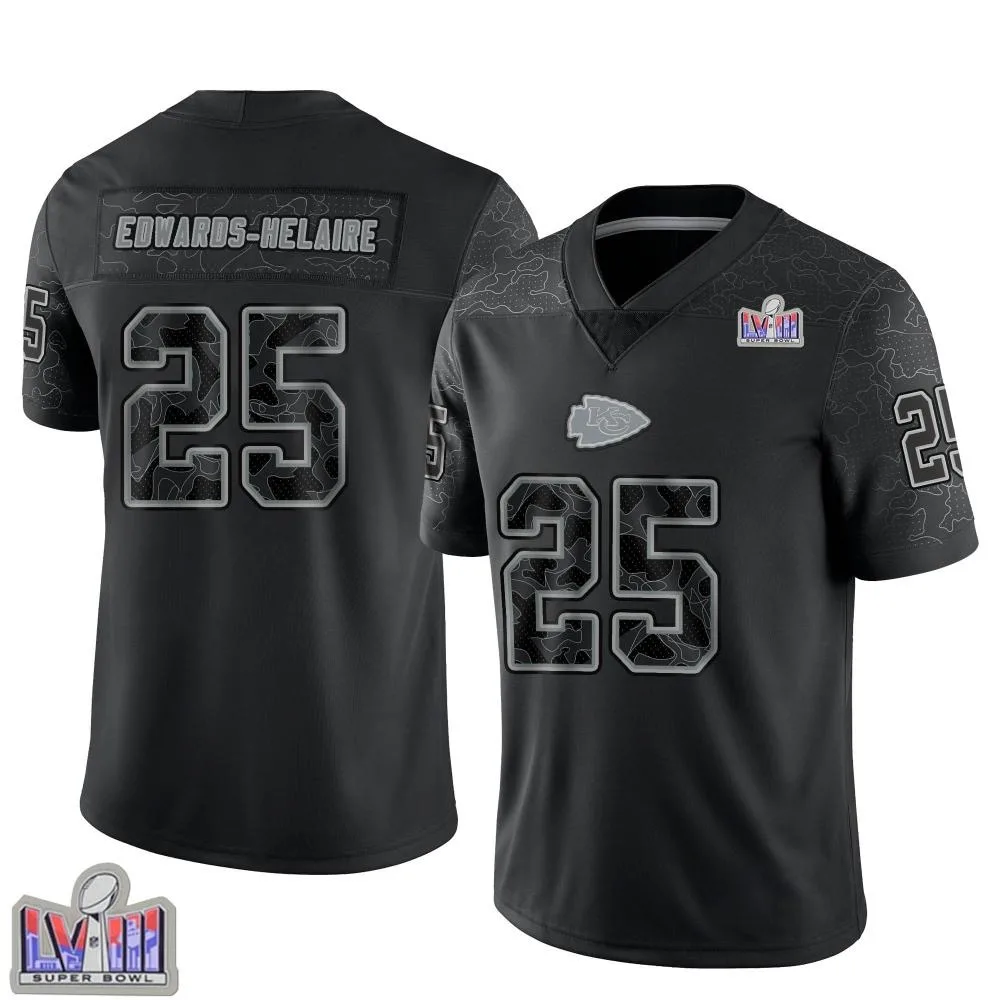 Men's Kansas City Chiefs Clyde Edwards-Helaire Nike Reflective Super Bowl LVIII Patch Limited Black Jersey Men's Kansas City Chiefs Clyde Edwards-Helaire Nike Reflective Super Bowl LVIII Patch Limited Black Jersey