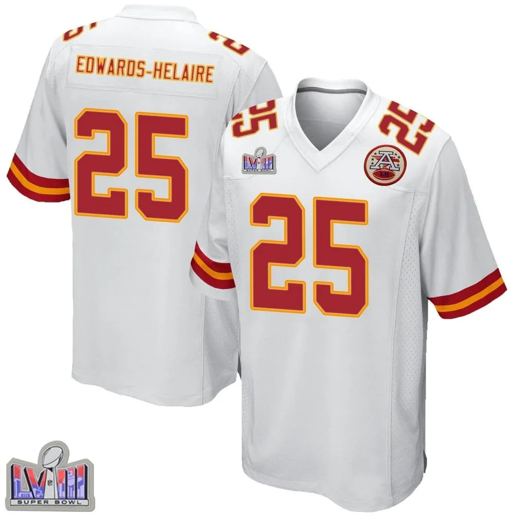 Men's Kansas City Chiefs Clyde Edwards-Helaire Nike Super Bowl LVIII Patch Game White Jersey Men's Kansas City Chiefs Clyde Edwards-Helaire Nike Super Bowl LVIII Patch Game White Jersey