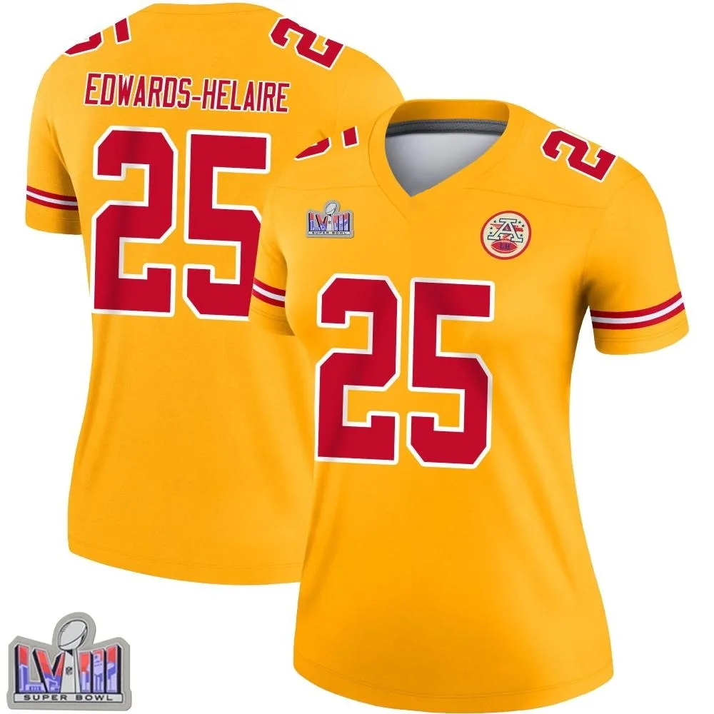 Women's Kansas City Chiefs Clyde Edwards-Helaire Nike Inverted Super Bowl LVIII Patch Legend Gold Jersey Women's Kansas City Chiefs Clyde Edwards-Helaire Nike Inverted Super Bowl LVIII Patch Legend Gold Jersey