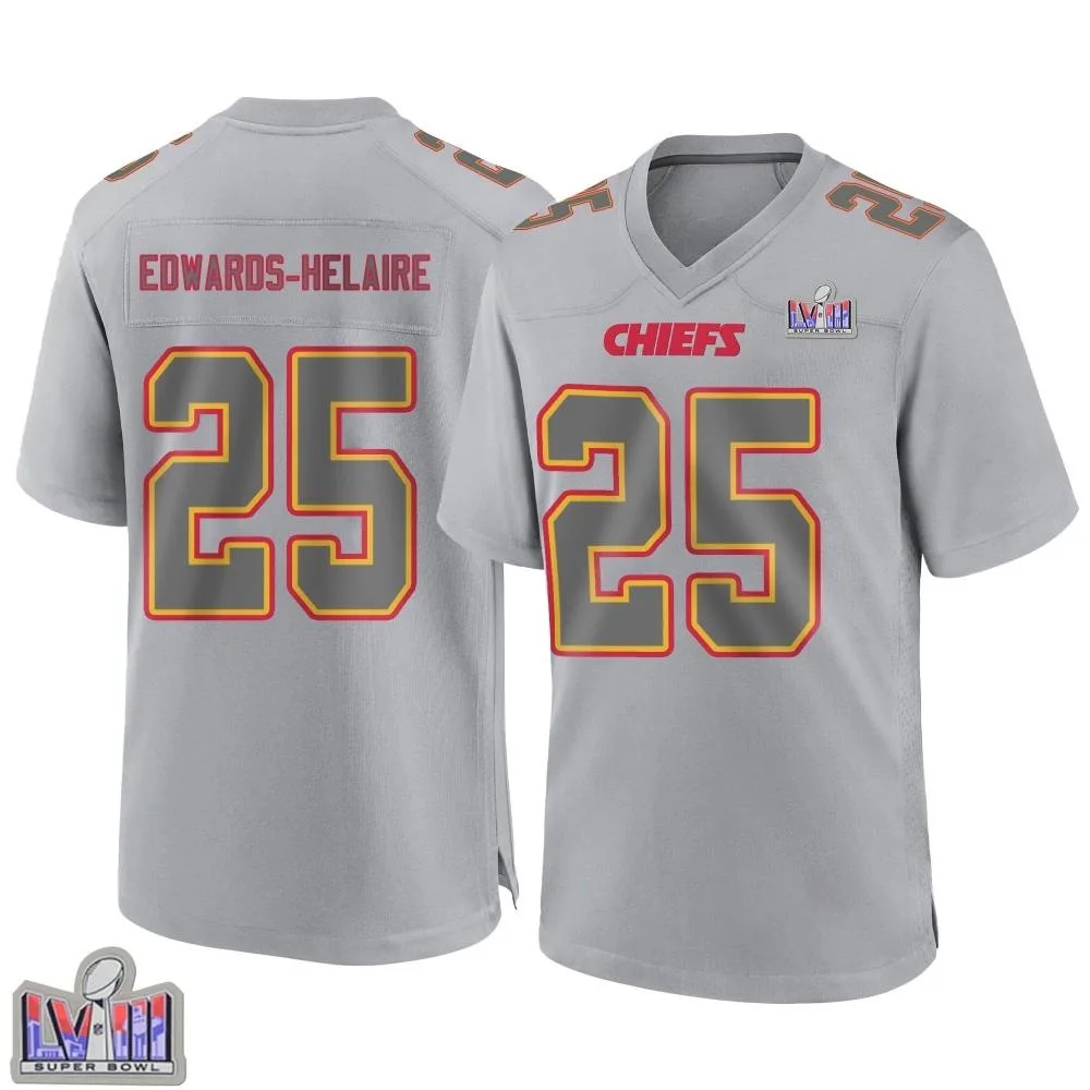Youth Kansas City Chiefs Clyde Edwards-Helaire Nike Atmosphere Fashion Super Bowl LVIII Patch Game Gray Jersey Youth Kansas City Chiefs Clyde Edwards-Helaire Nike Atmosphere Fashion Super Bowl LVIII Patch Game Gray Jersey