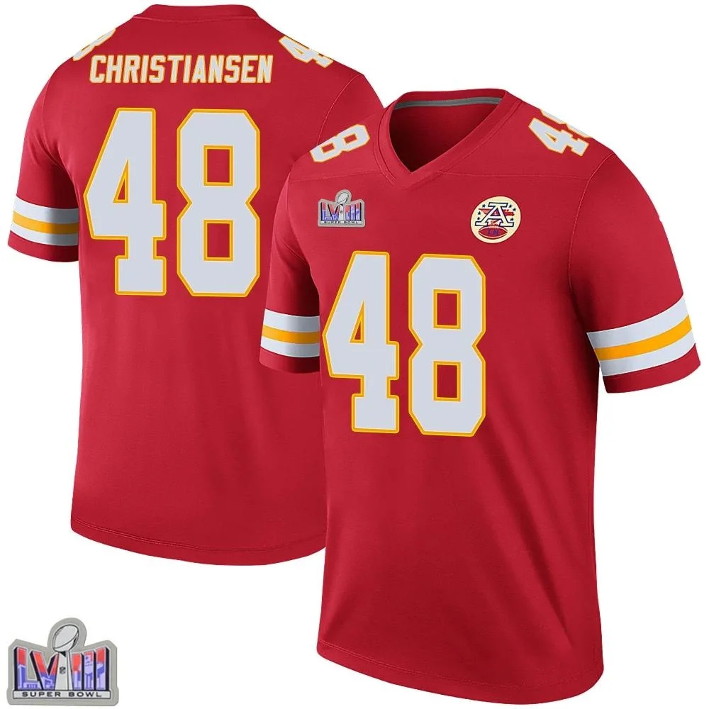 Men's Kansas City Chiefs Cole Christiansen Nike Color Rush Super Bowl LVIII Patch Legend Red Jersey Men's Kansas City Chiefs Cole Christiansen Nike Color Rush Super Bowl LVIII Patch Legend Red Jersey