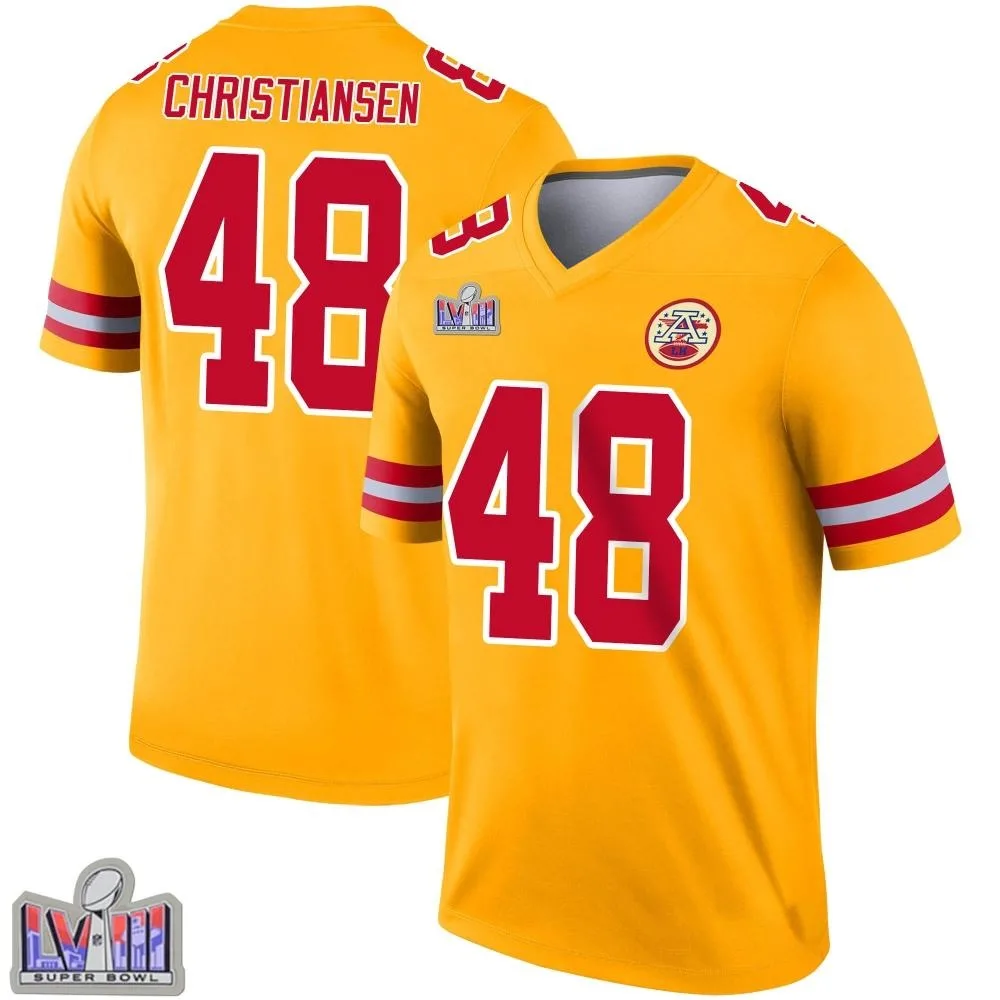 Men's Kansas City Chiefs Cole Christiansen Nike Inverted Super Bowl LVIII Patch Legend Gold Jersey Men's Kansas City Chiefs Cole Christiansen Nike Inverted Super Bowl LVIII Patch Legend Gold Jersey