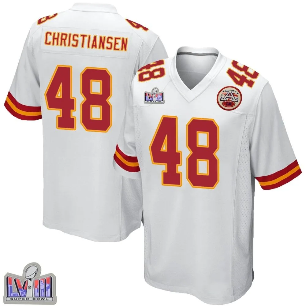 Men's Kansas City Chiefs Cole Christiansen Nike Super Bowl LVIII Patch Game White Jersey Men's Kansas City Chiefs Cole Christiansen Nike Super Bowl LVIII Patch Game White Jersey
