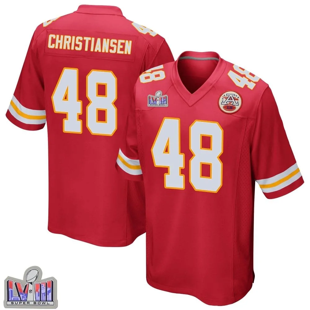 Men's Kansas City Chiefs Cole Christiansen Nike Team Color Super Bowl LVIII Patch Game Red Jersey Men's Kansas City Chiefs Cole Christiansen Nike Team Color Super Bowl LVIII Patch Game Red Jersey