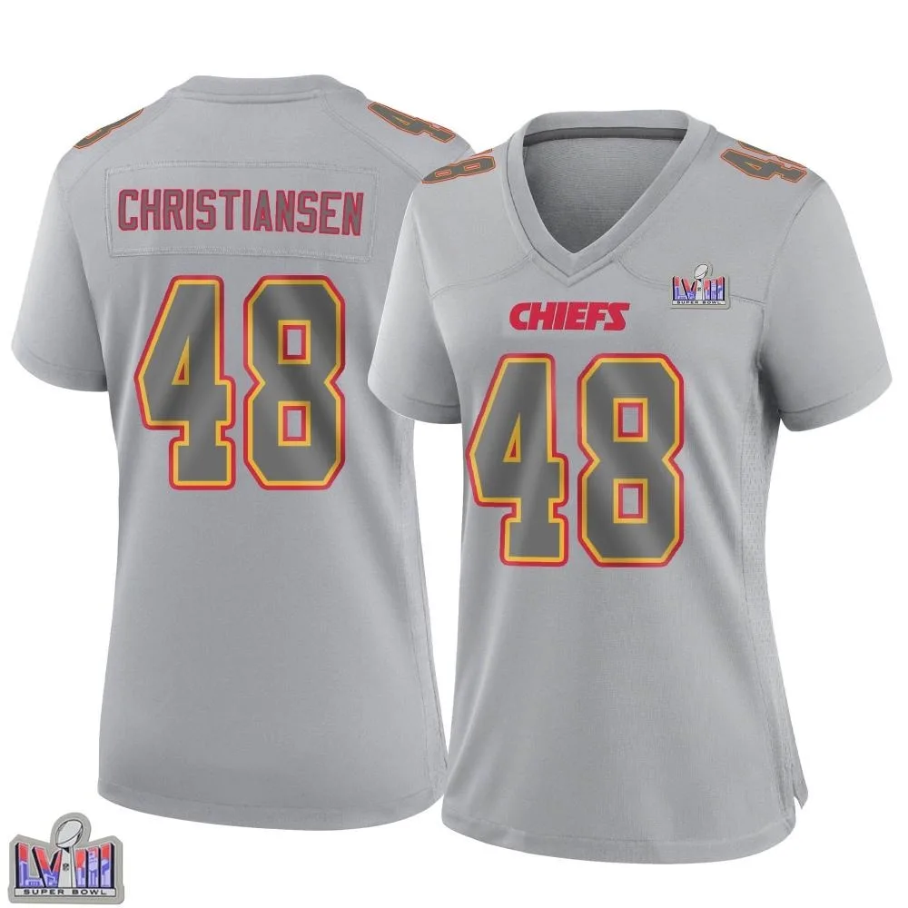 Women's Kansas City Chiefs Cole Christiansen Nike Atmosphere Fashion Super Bowl LVIII Patch Game Gray Jersey Women's Kansas City Chiefs Cole Christiansen Nike Atmosphere Fashion Super Bowl LVIII Patch Game Gray Jersey