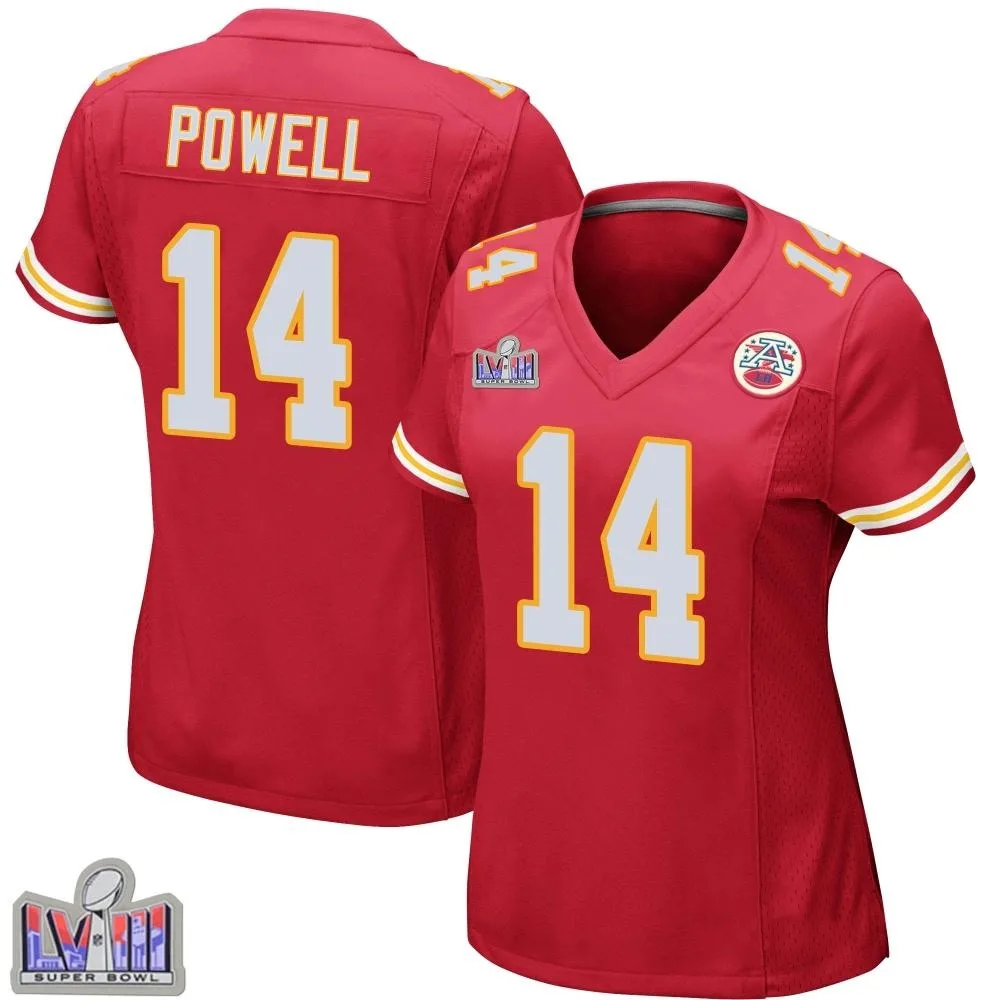 Women's Kansas City Chiefs Cornell Powell Nike Team Color Super Bowl LVIII Patch Game Red Jersey Women's Kansas City Chiefs Cornell Powell Nike Team Color Super Bowl LVIII Patch Game Red Jersey