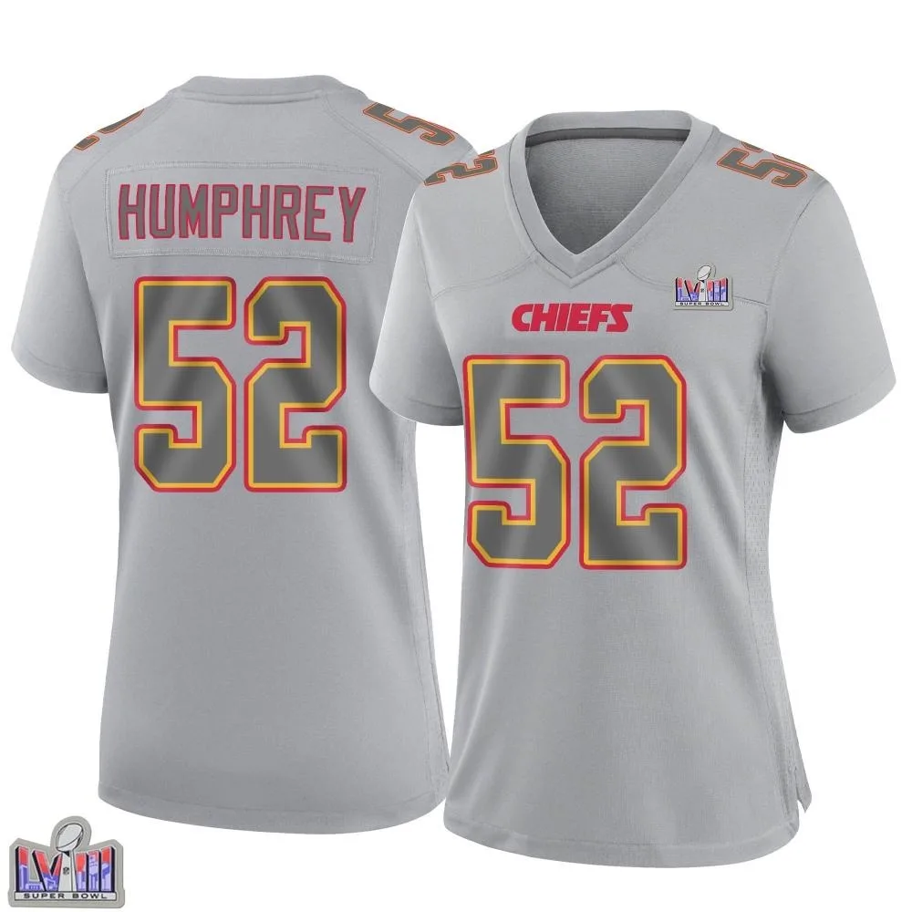 Women's Kansas City Chiefs Creed Humphrey Nike Atmosphere Fashion Super Bowl LVIII Patch Game Gray Jersey Women's Kansas City Chiefs Creed Humphrey Nike Atmosphere Fashion Super Bowl LVIII Patch Game Gray Jersey