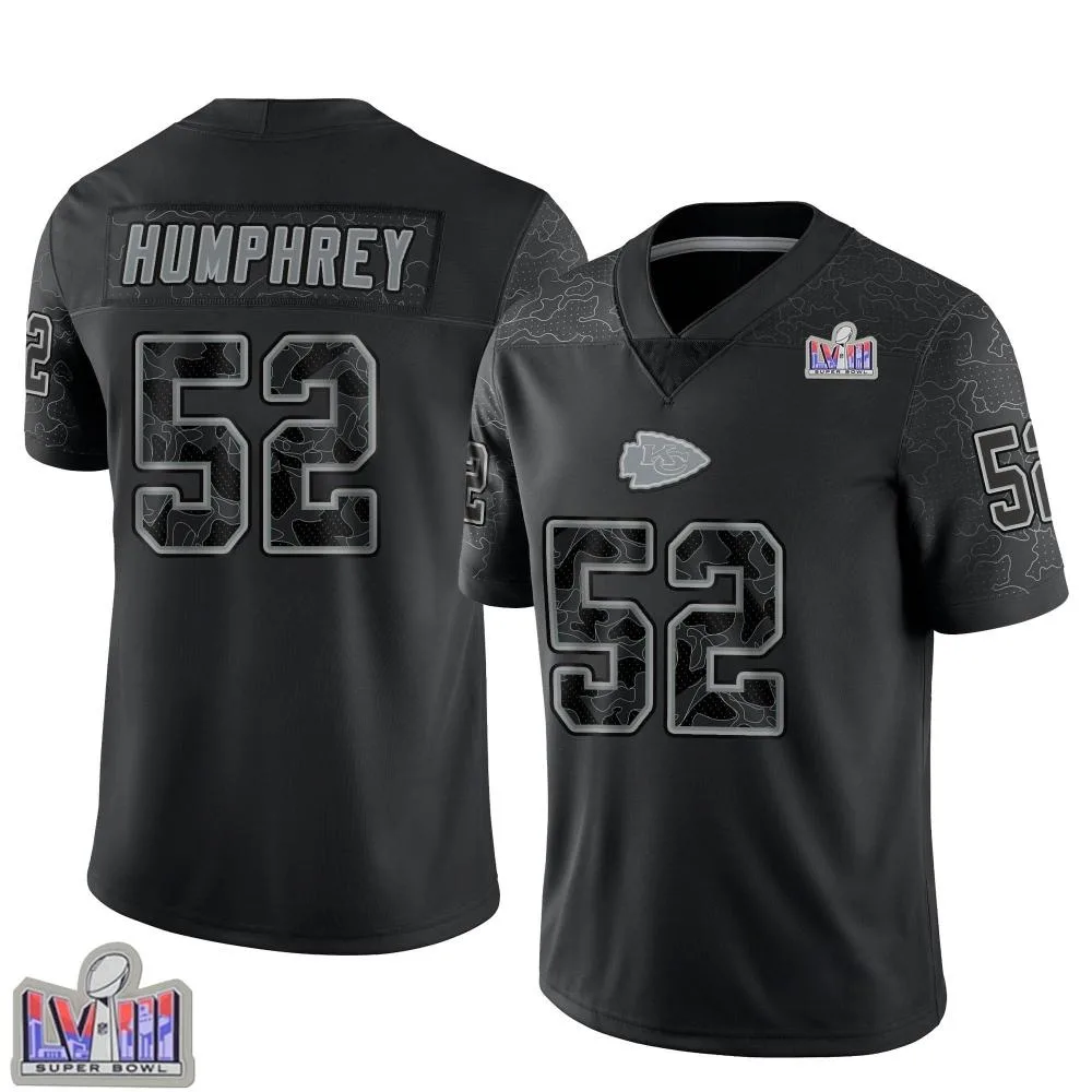 Youth Kansas City Chiefs Creed Humphrey Nike Reflective Super Bowl LVIII Patch Limited Black Jersey Youth Kansas City Chiefs Creed Humphrey Nike Reflective Super Bowl LVIII Patch Limited Black Jersey