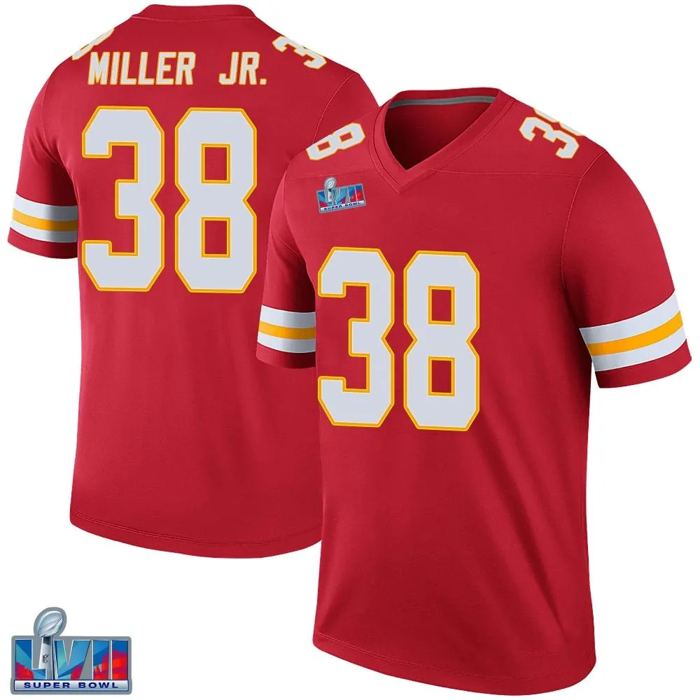 Men's Kansas City Chiefs D.j. Miller Jr. Nike Color Rush Super Bowl LVII Patch Legend Red Jersey Men's Kansas City Chiefs D.j. Miller Jr. Nike Color Rush Super Bowl LVII Patch Legend Red Jersey