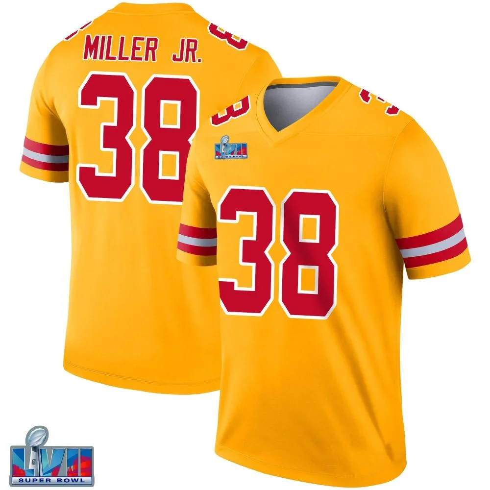 Men's Kansas City Chiefs D.j. Miller Jr. Nike Inverted Super Bowl LVII Patch Legend Gold Jersey Men's Kansas City Chiefs D.j. Miller Jr. Nike Inverted Super Bowl LVII Patch Legend Gold Jersey