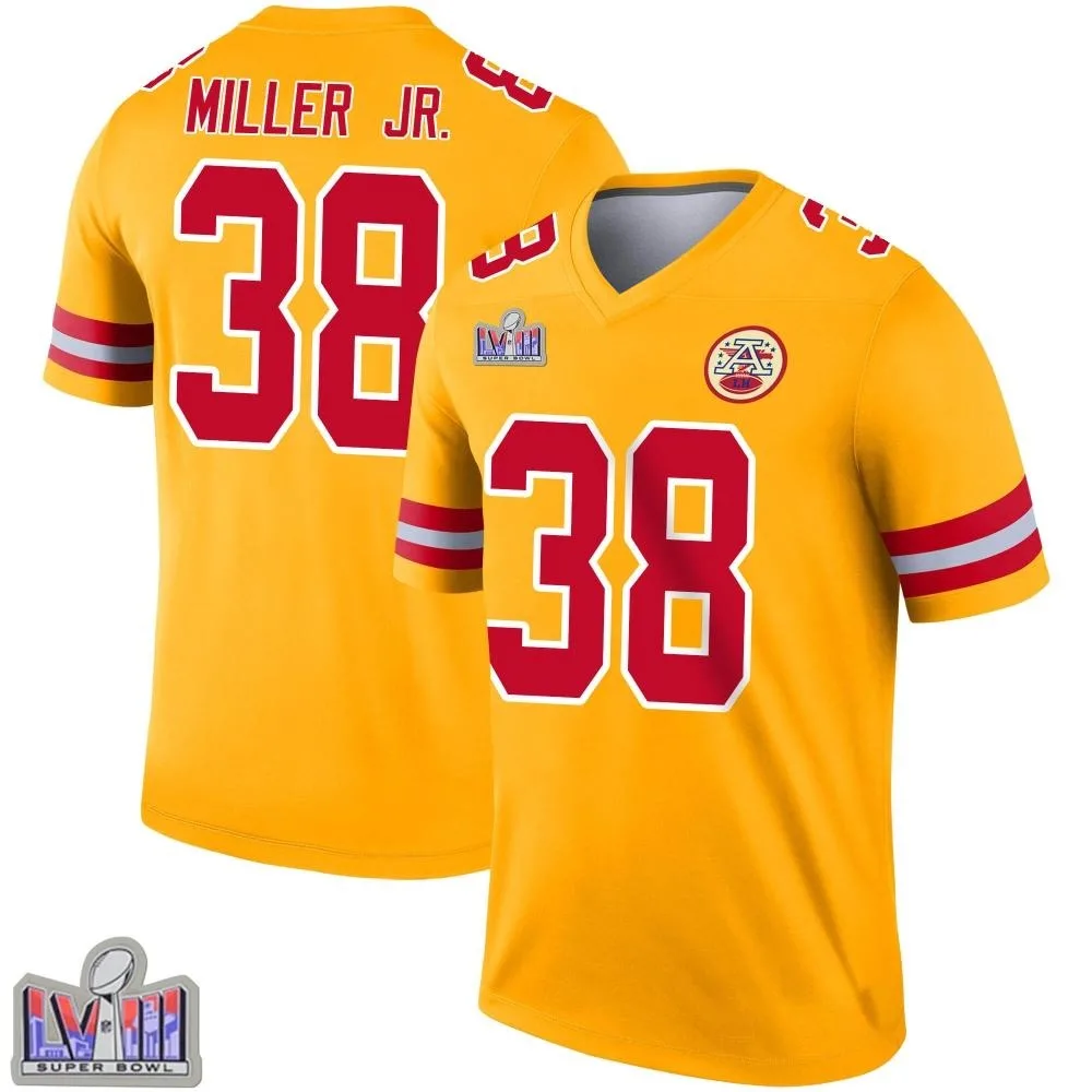 Men's Kansas City Chiefs D.j. Miller Jr. Nike Inverted Super Bowl LVIII Patch Legend Gold Jersey Men's Kansas City Chiefs D.j. Miller Jr. Nike Inverted Super Bowl LVIII Patch Legend Gold Jersey