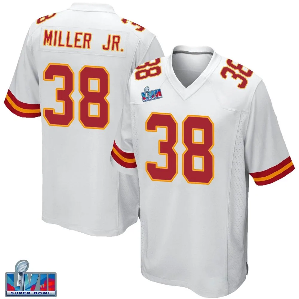 Men's Kansas City Chiefs D.j. Miller Jr. Nike Super Bowl LVII Patch Game White Jersey Men's Kansas City Chiefs D.j. Miller Jr. Nike Super Bowl LVII Patch Game White Jersey