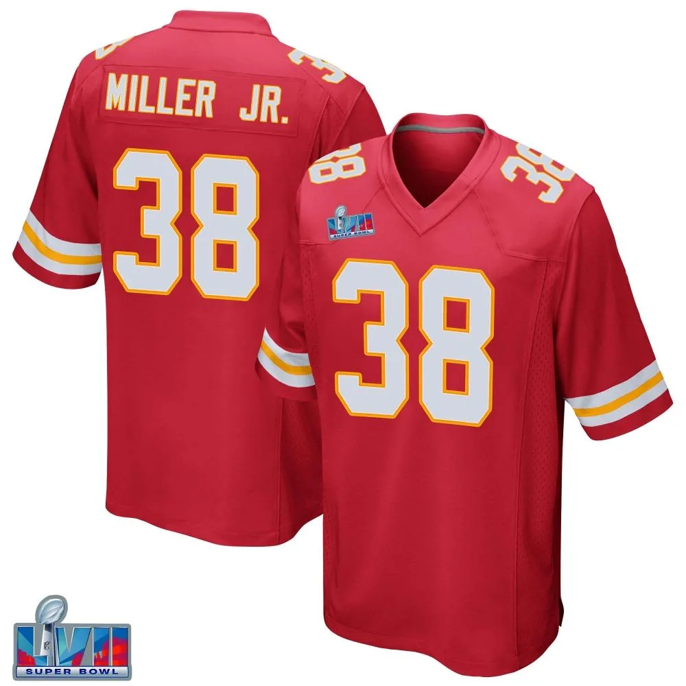 Men's Kansas City Chiefs D.j. Miller Jr. Nike Team Color Super Bowl LVII Patch Game Red Jersey Men's Kansas City Chiefs D.j. Miller Jr. Nike Team Color Super Bowl LVII Patch Game Red Jersey