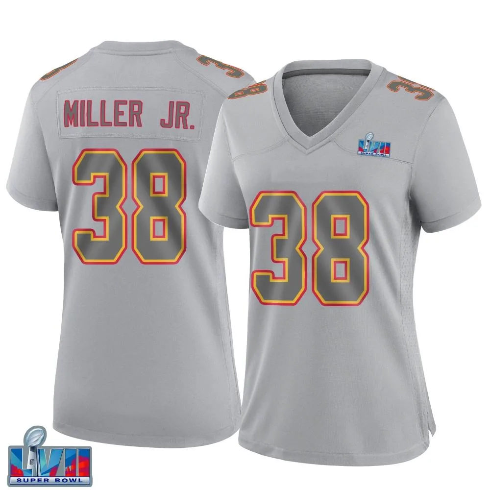 Women's Kansas City Chiefs D.j. Miller Jr. Nike Atmosphere Fashion Super Bowl LVII Patch Game Gray Jersey Women's Kansas City Chiefs D.j. Miller Jr. Nike Atmosphere Fashion Super Bowl LVII Patch Game Gray Jersey