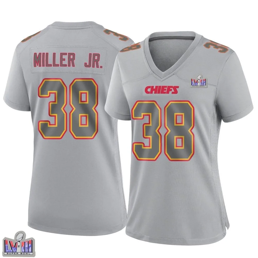 Women's Kansas City Chiefs D.j. Miller Jr. Nike Atmosphere Fashion Super Bowl LVIII Patch Game Gray Jersey Women's Kansas City Chiefs D.j. Miller Jr. Nike Atmosphere Fashion Super Bowl LVIII Patch Game Gray Jersey