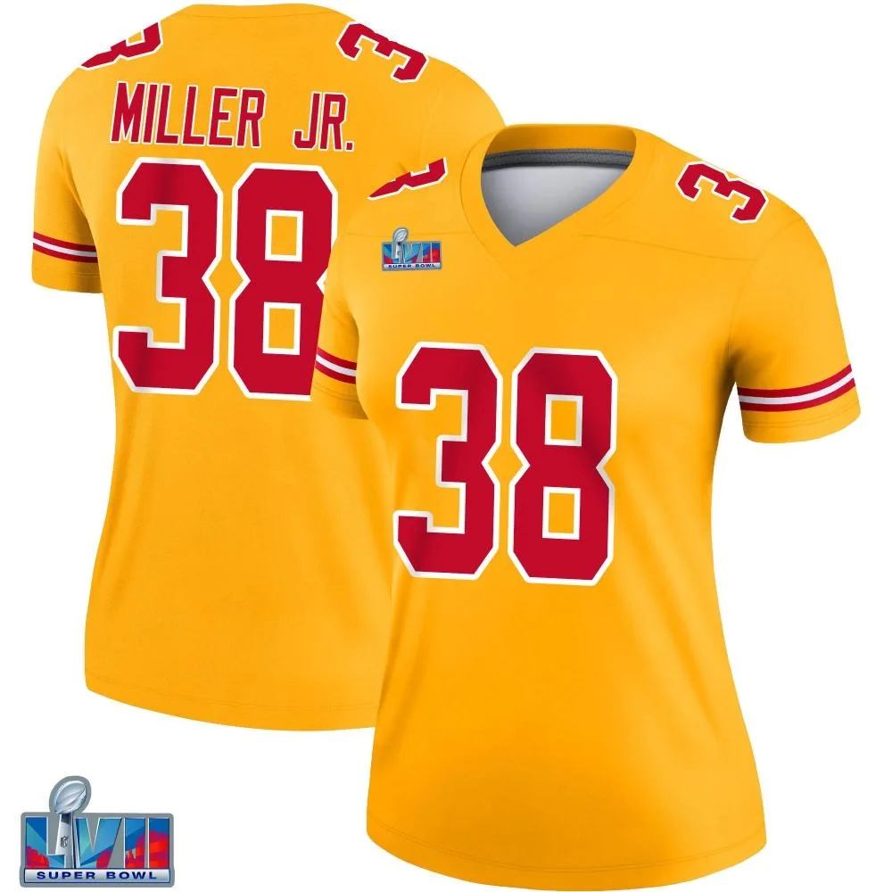Women's Kansas City Chiefs D.j. Miller Jr. Nike Inverted Super Bowl LVII Patch Legend Gold Jersey Women's Kansas City Chiefs D.j. Miller Jr. Nike Inverted Super Bowl LVII Patch Legend Gold Jersey