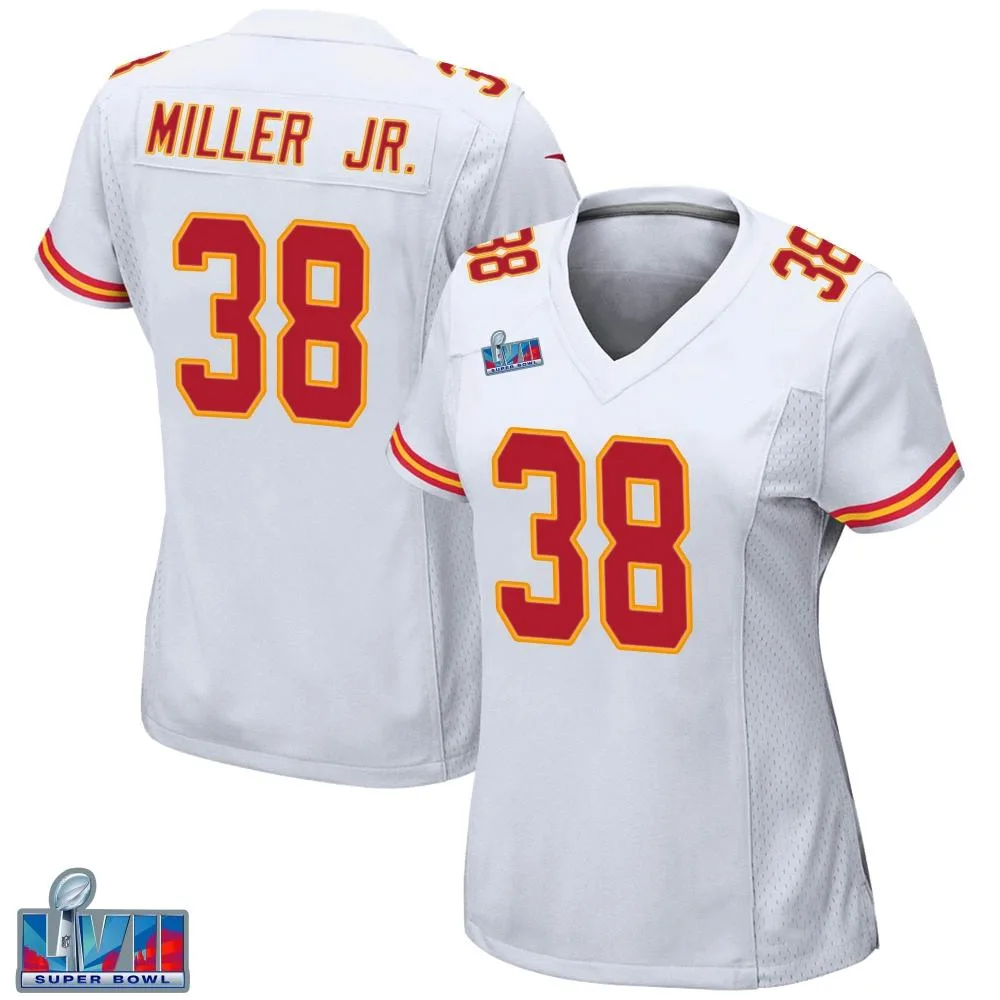 Women's Kansas City Chiefs D.j. Miller Jr. Nike Super Bowl LVII Patch Game White Jersey Women's Kansas City Chiefs D.j. Miller Jr. Nike Super Bowl LVII Patch Game White Jersey