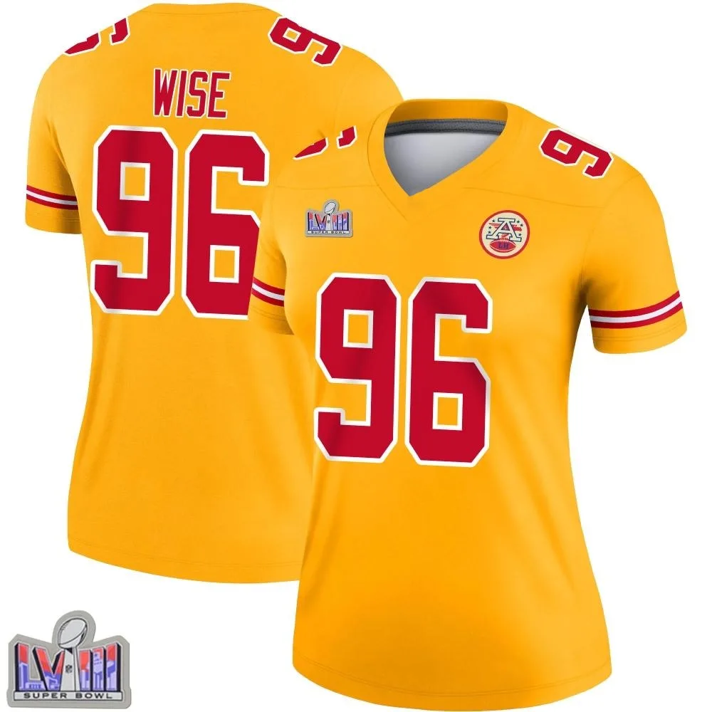 Women's Kansas City Chiefs Daniel Wise Nike Inverted Super Bowl LVIII Patch Legend Gold Jersey Women's Kansas City Chiefs Daniel Wise Nike Inverted Super Bowl LVIII Patch Legend Gold Jersey