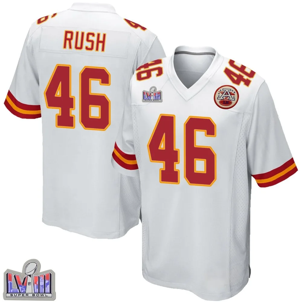 Men's Kansas City Chiefs Darius Rush Nike Super Bowl LVIII Patch Game White Jersey Men's Kansas City Chiefs Darius Rush Nike Super Bowl LVIII Patch Game White Jersey