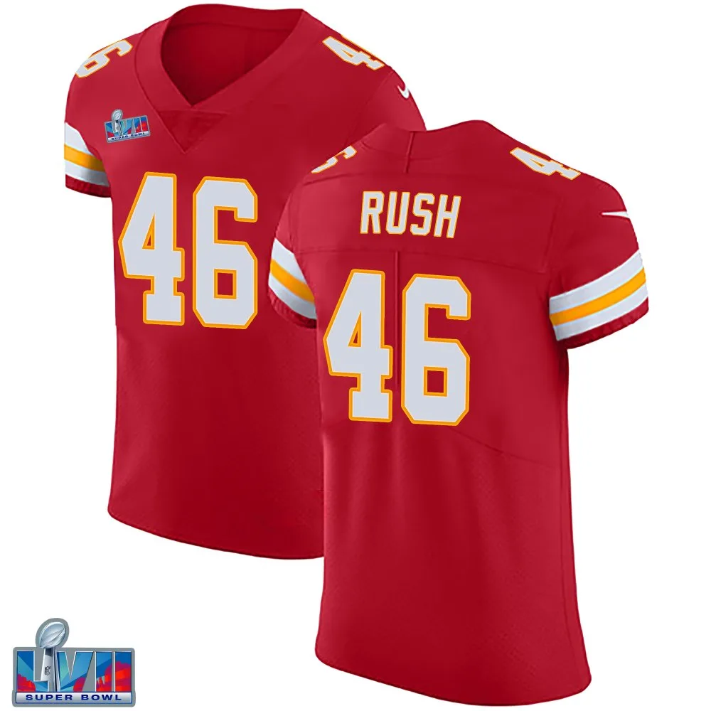 Men's Kansas City Chiefs Darius Rush Nike Team Color Vapor Untouchable Super Bowl LVII Patch Elite Red Jersey Men's Kansas City Chiefs Darius Rush Nike Team Color Vapor Untouchable Super Bowl LVII Patch Elite Red Jersey