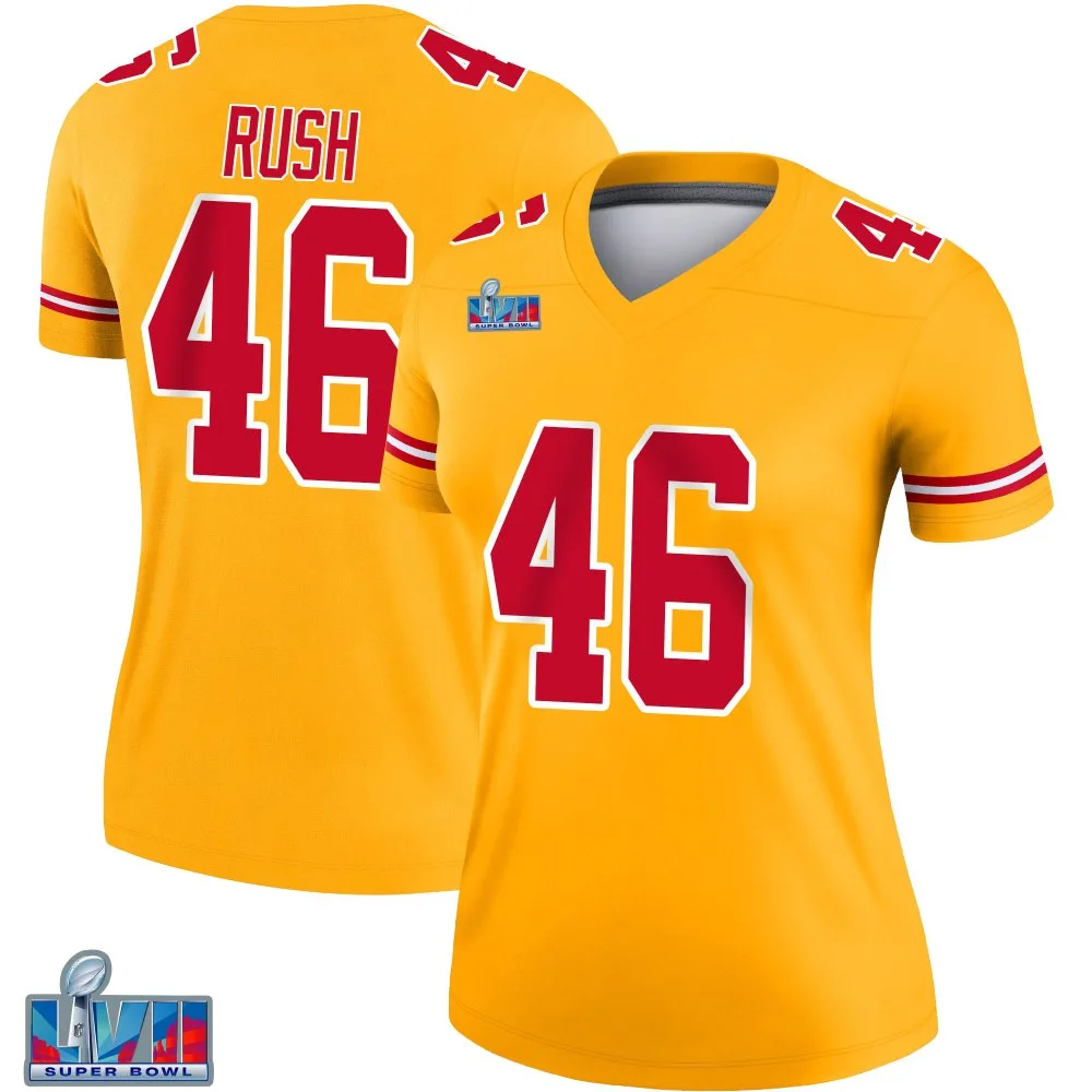 Women's Kansas City Chiefs Darius Rush Nike Inverted Super Bowl LVII Patch Legend Gold Jersey Women's Kansas City Chiefs Darius Rush Nike Inverted Super Bowl LVII Patch Legend Gold Jersey