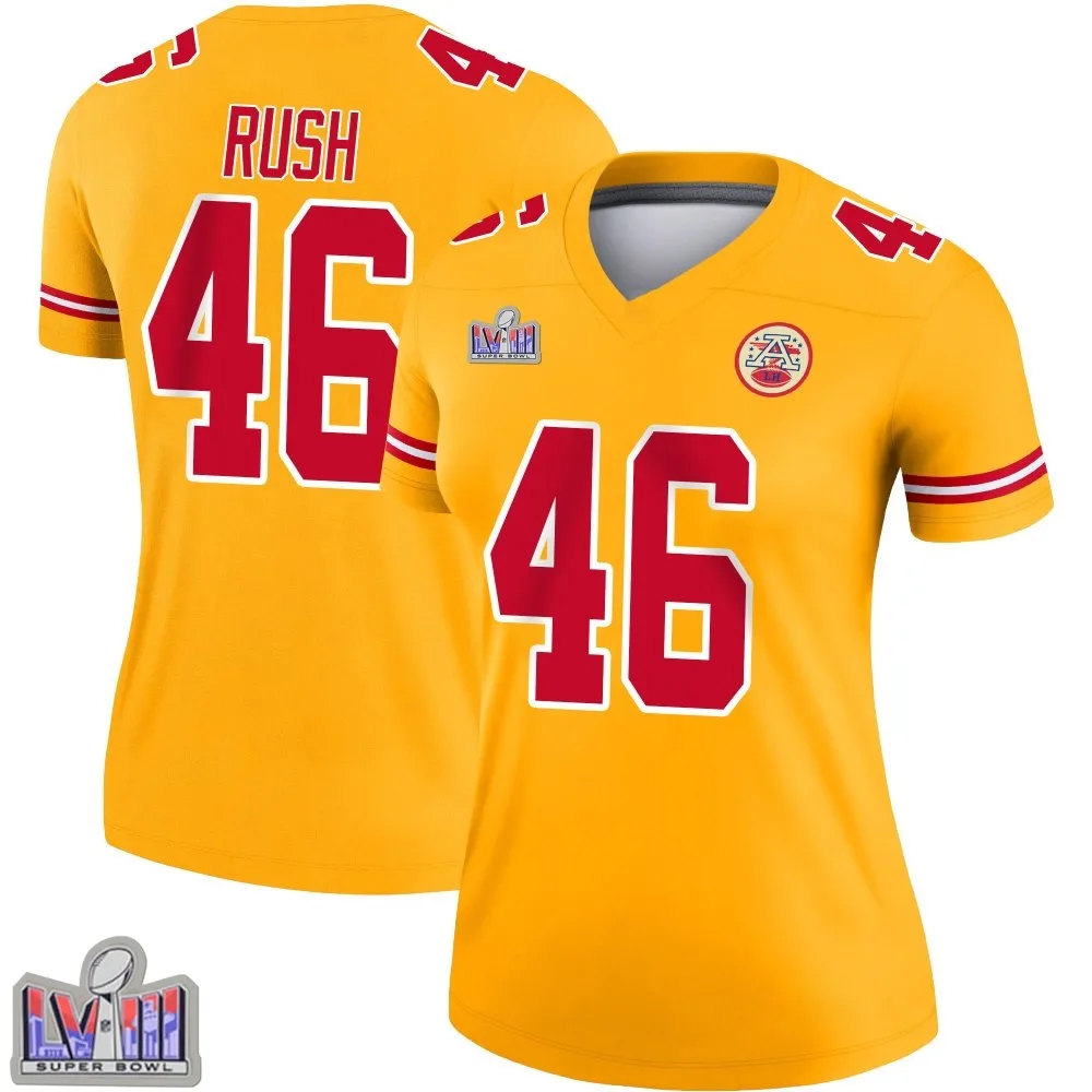 Women's Kansas City Chiefs Darius Rush Nike Inverted Super Bowl LVIII Patch Legend Gold Jersey Women's Kansas City Chiefs Darius Rush Nike Inverted Super Bowl LVIII Patch Legend Gold Jersey
