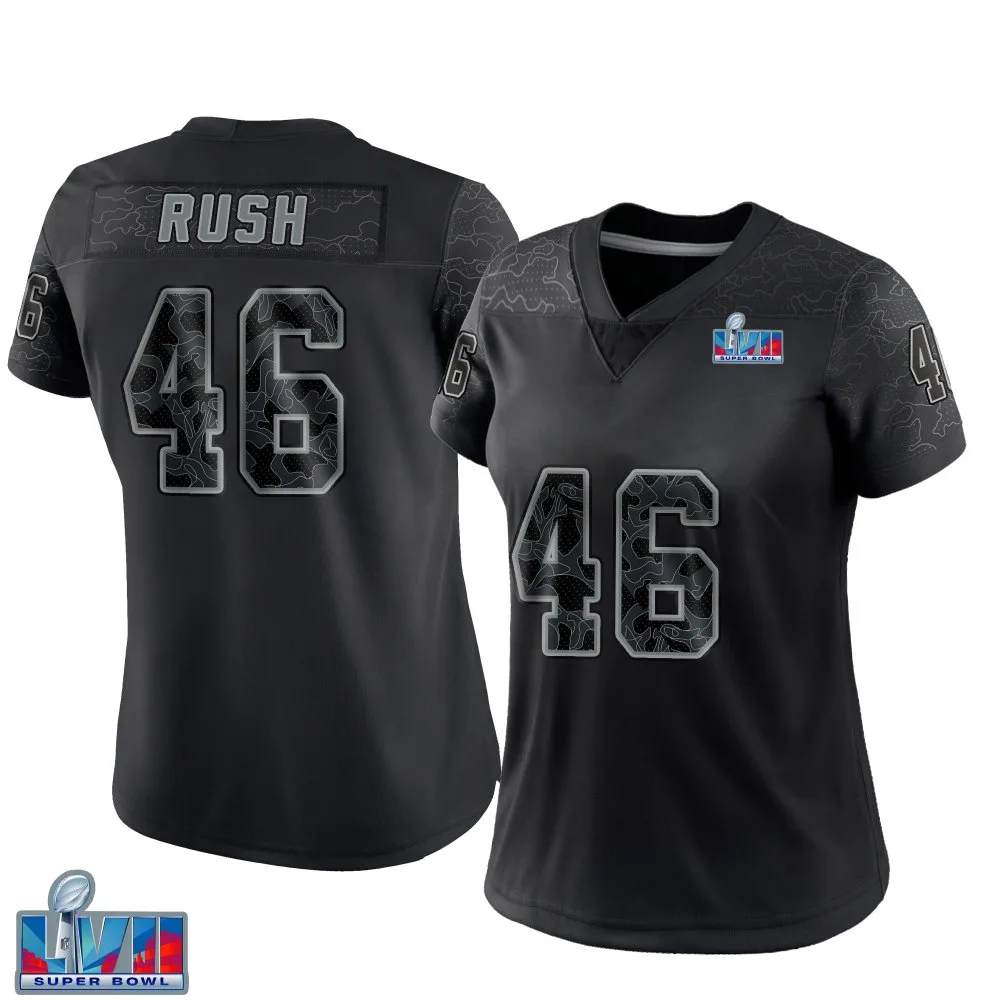 Women's Kansas City Chiefs Darius Rush Nike Reflective Super Bowl LVII Patch Limited Black Jersey Women's Kansas City Chiefs Darius Rush Nike Reflective Super Bowl LVII Patch Limited Black Jersey