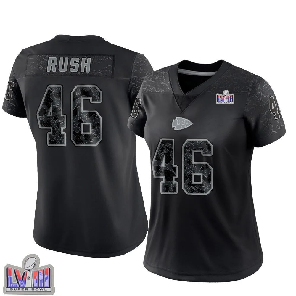 Women's Kansas City Chiefs Darius Rush Nike Reflective Super Bowl LVIII Patch Limited Black Jersey Women's Kansas City Chiefs Darius Rush Nike Reflective Super Bowl LVIII Patch Limited Black Jersey