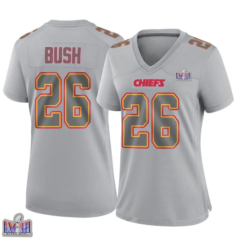 Women's Kansas City Chiefs Deon Bush Nike Atmosphere Fashion Super Bowl LVIII Patch Game Gray Jersey Women's Kansas City Chiefs Deon Bush Nike Atmosphere Fashion Super Bowl LVIII Patch Game Gray Jersey