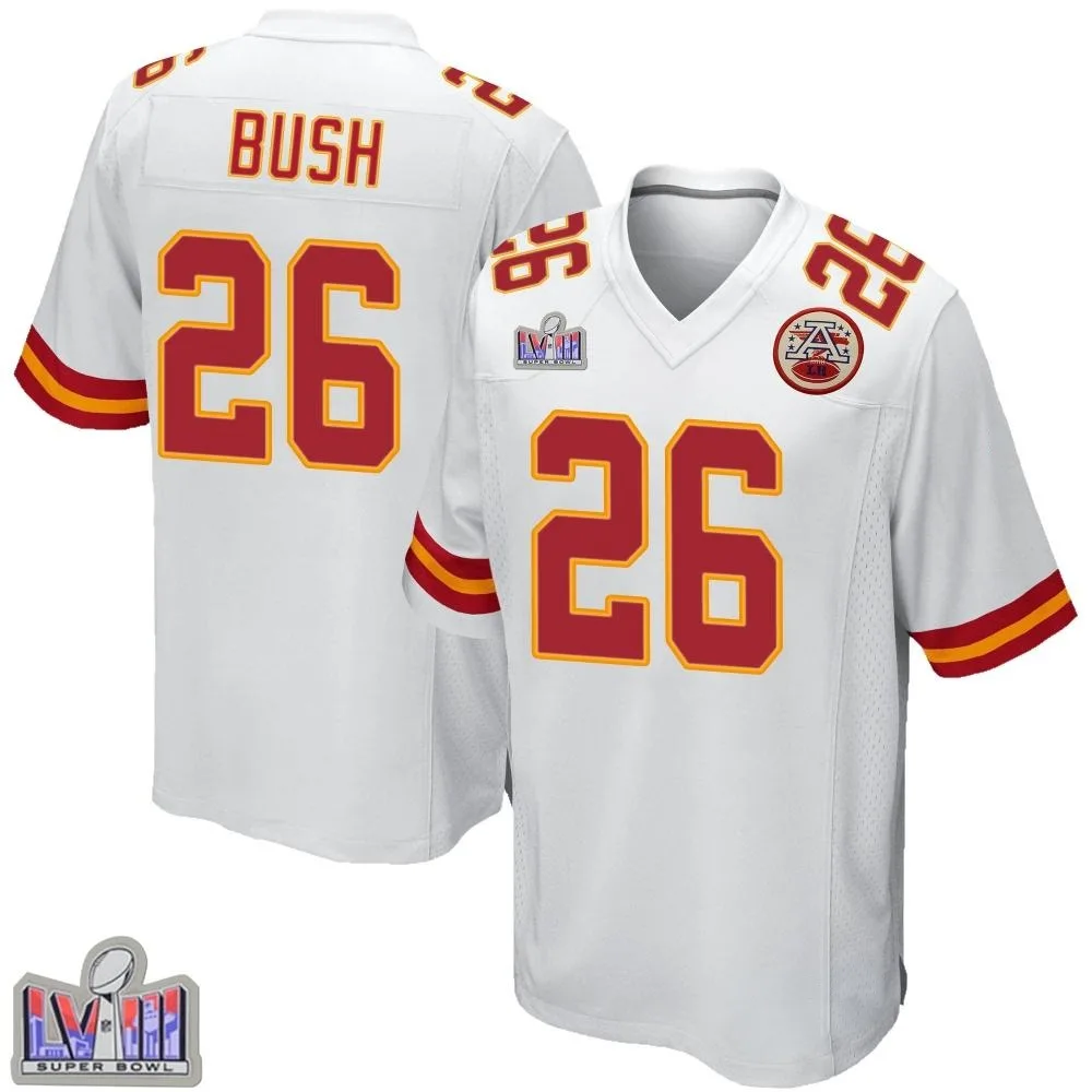 Youth Kansas City Chiefs Deon Bush Nike Super Bowl LVIII Patch Game White Jersey Youth Kansas City Chiefs Deon Bush Nike Super Bowl LVIII Patch Game White Jersey