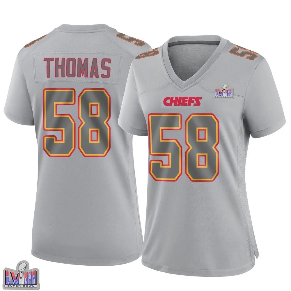 Women's Kansas City Chiefs Derrick Thomas Nike Atmosphere Fashion Super Bowl LVIII Patch Game Gray Jersey Women's Kansas City Chiefs Derrick Thomas Nike Atmosphere Fashion Super Bowl LVIII Patch Game Gray Jersey