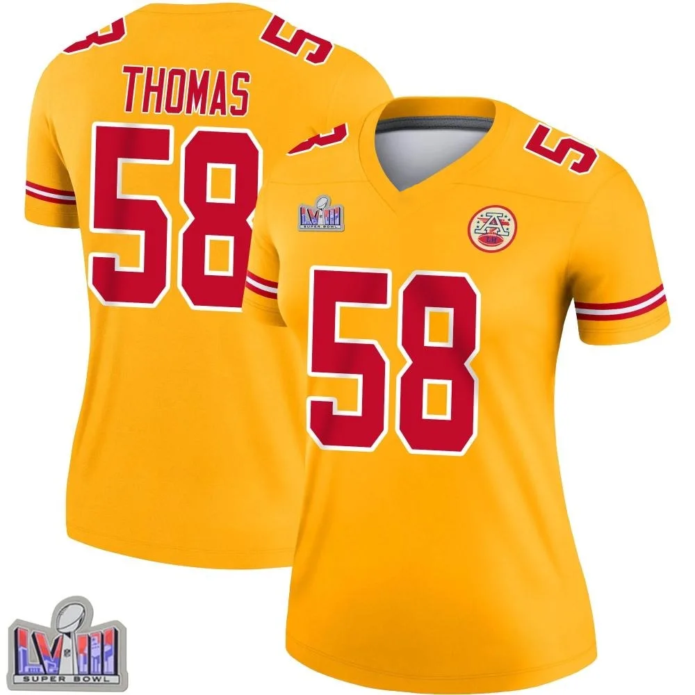 Women's Kansas City Chiefs Derrick Thomas Nike Inverted Super Bowl LVIII Patch Legend Gold Jersey Women's Kansas City Chiefs Derrick Thomas Nike Inverted Super Bowl LVIII Patch Legend Gold Jersey