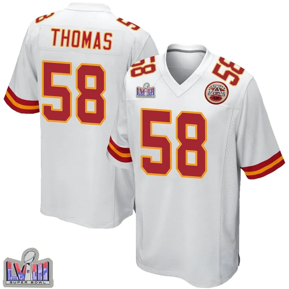 Youth Kansas City Chiefs Derrick Thomas Nike Super Bowl LVIII Patch Game White Jersey Youth Kansas City Chiefs Derrick Thomas Nike Super Bowl LVIII Patch Game White Jersey