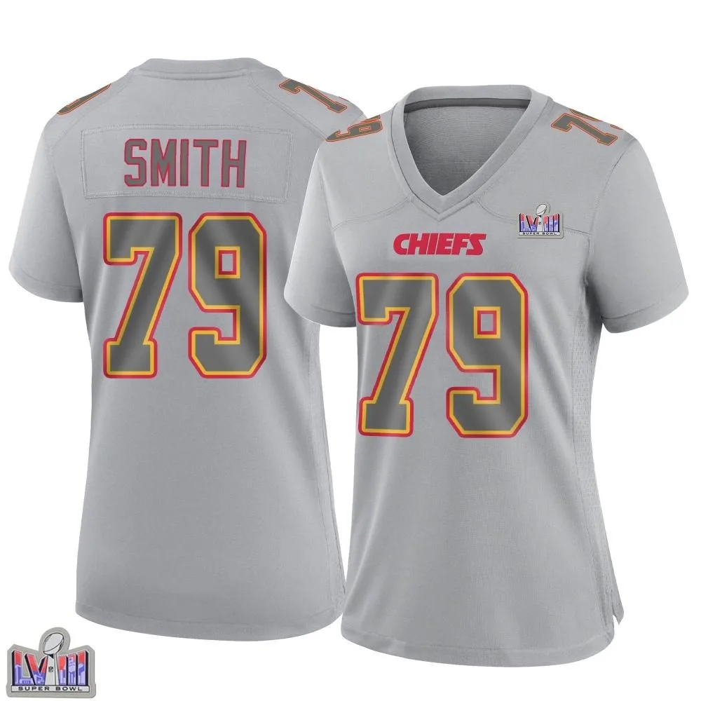 Women's Kansas City Chiefs Donovan Smith Nike Atmosphere Fashion Super Bowl LVIII Patch Game Gray Jersey Women's Kansas City Chiefs Donovan Smith Nike Atmosphere Fashion Super Bowl LVIII Patch Game Gray Jersey