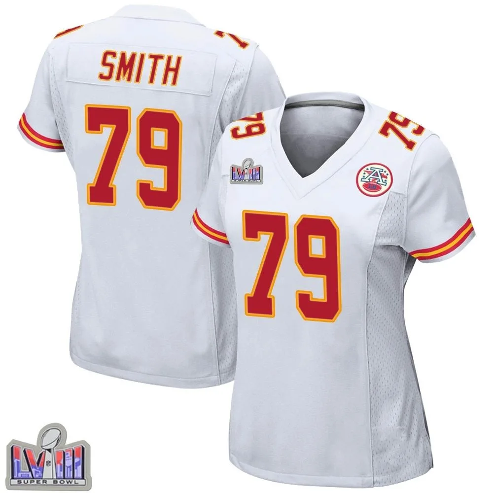 Women's Kansas City Chiefs Donovan Smith Nike Super Bowl LVIII Patch Game White Jersey Women's Kansas City Chiefs Donovan Smith Nike Super Bowl LVIII Patch Game White Jersey