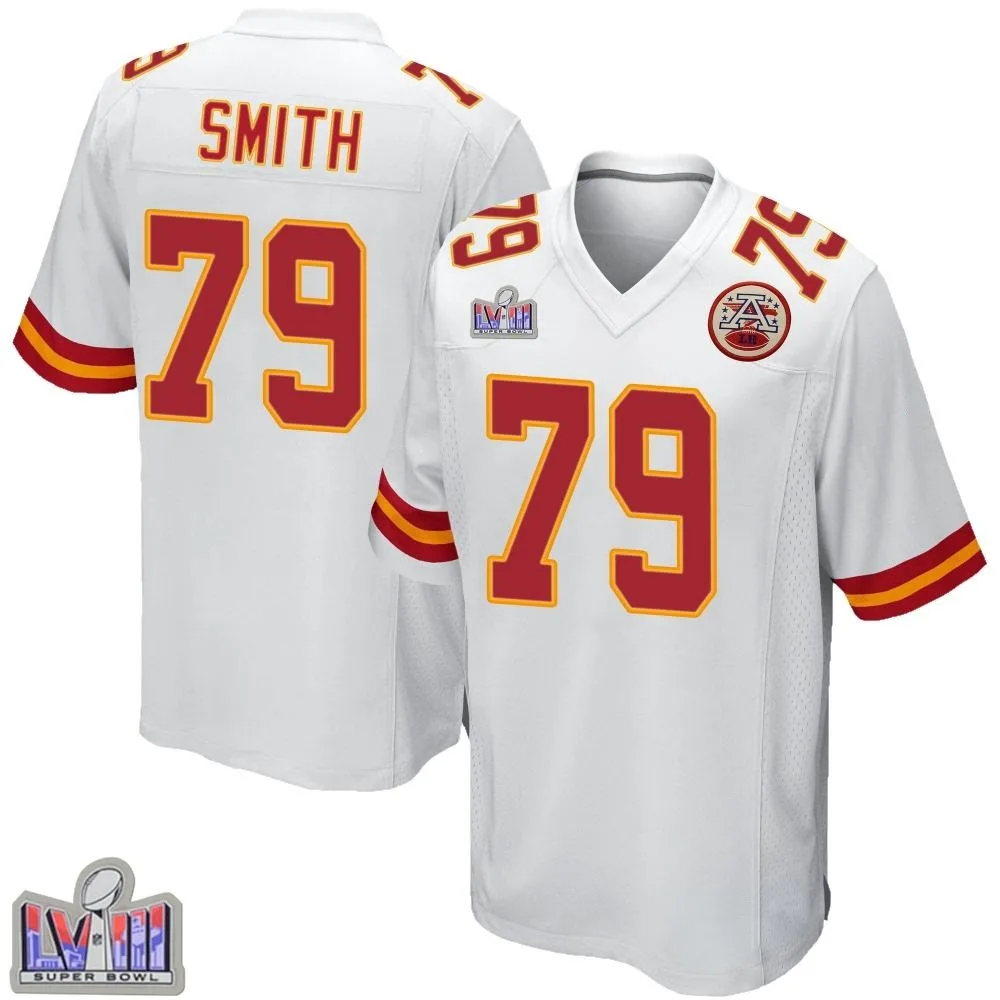 Youth Kansas City Chiefs Donovan Smith Nike Super Bowl LVIII Patch Game White Jersey Youth Kansas City Chiefs Donovan Smith Nike Super Bowl LVIII Patch Game White Jersey