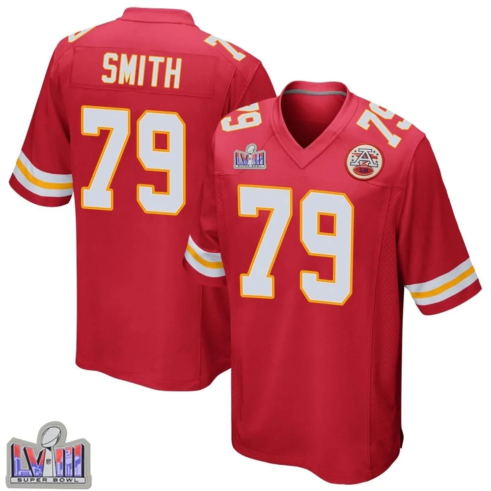 Youth Kansas City Chiefs Donovan Smith Nike Team Color Super Bowl LVIII Patch Game Red Jersey Youth Kansas City Chiefs Donovan Smith Nike Team Color Super Bowl LVIII Patch Game Red Jersey