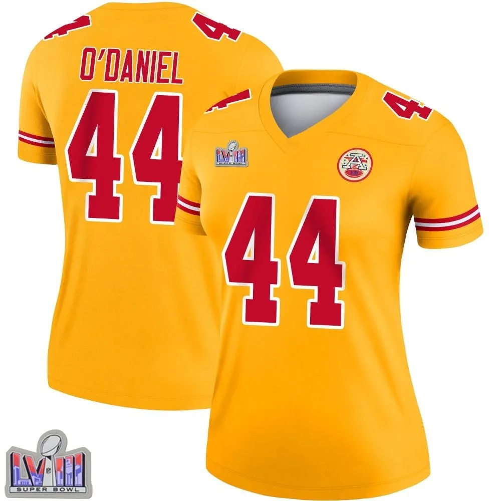 Women's Kansas City Chiefs Dorian O'daniel Nike Inverted Super Bowl LVIII Patch Legend Gold Jersey Women's Kansas City Chiefs Dorian O'daniel Nike Inverted Super Bowl LVIII Patch Legend Gold Jersey