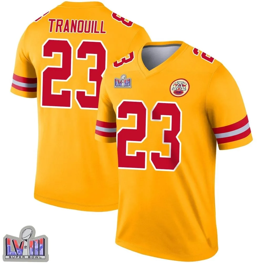 Men's Kansas City Chiefs Drue Tranquill Nike Inverted Super Bowl LVIII Patch Legend Gold Jersey Men's Kansas City Chiefs Drue Tranquill Nike Inverted Super Bowl LVIII Patch Legend Gold Jersey