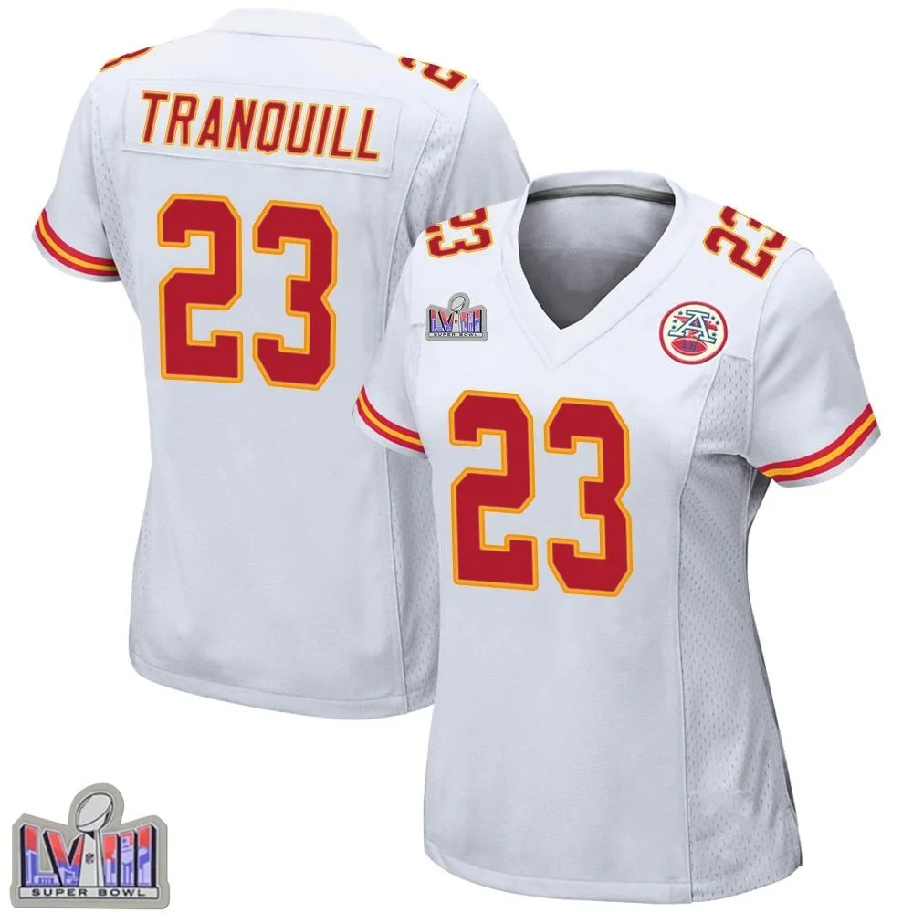 Women's Kansas City Chiefs Drue Tranquill Nike Super Bowl LVIII Patch Game White Jersey Women's Kansas City Chiefs Drue Tranquill Nike Super Bowl LVIII Patch Game White Jersey