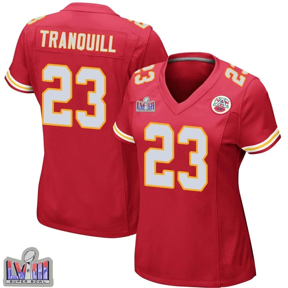 Women's Kansas City Chiefs Drue Tranquill Nike Team Color Super Bowl LVIII Patch Game Red Jersey Women's Kansas City Chiefs Drue Tranquill Nike Team Color Super Bowl LVIII Patch Game Red Jersey