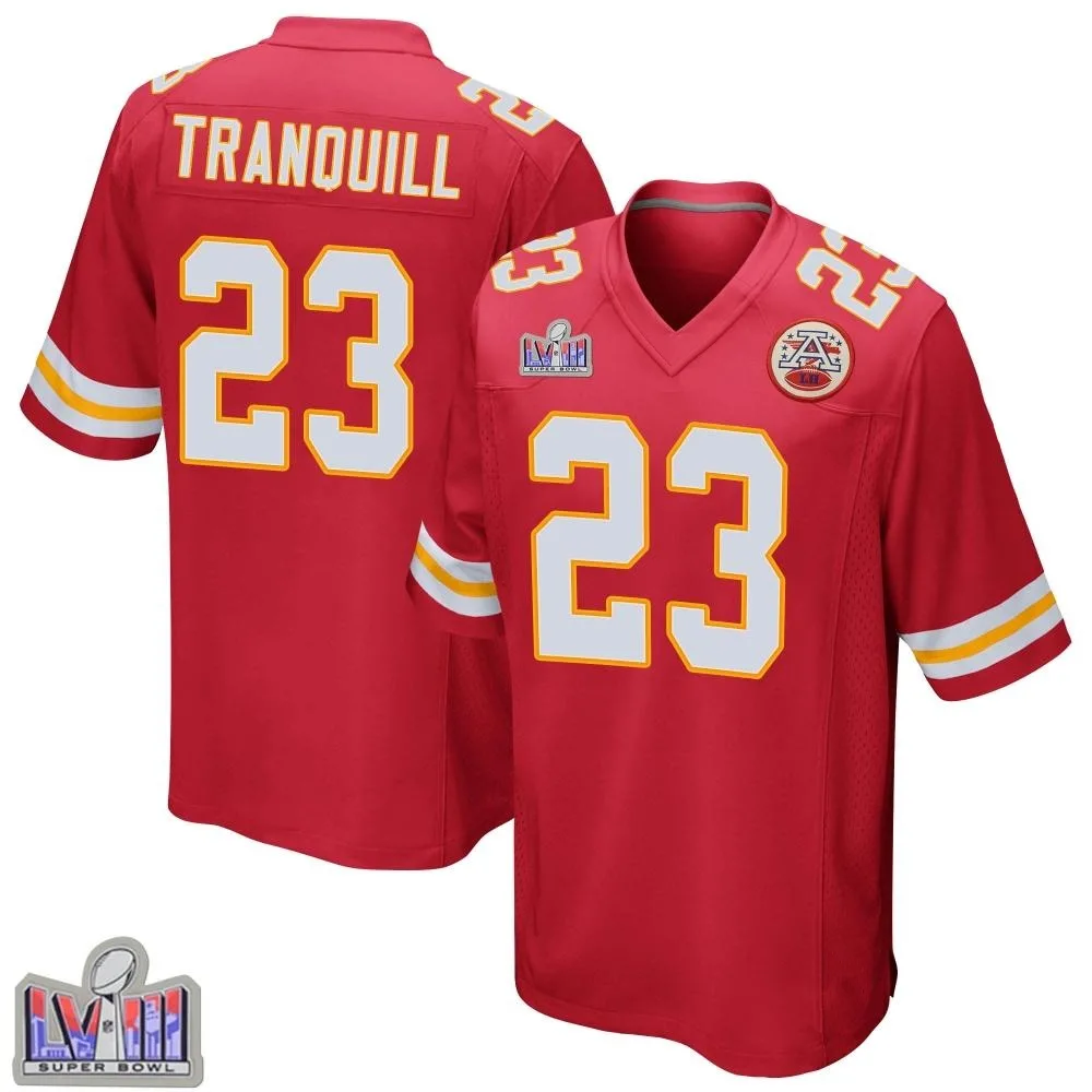 Youth Kansas City Chiefs Drue Tranquill Nike Team Color Super Bowl LVIII Patch Game Red Jersey Youth Kansas City Chiefs Drue Tranquill Nike Team Color Super Bowl LVIII Patch Game Red Jersey