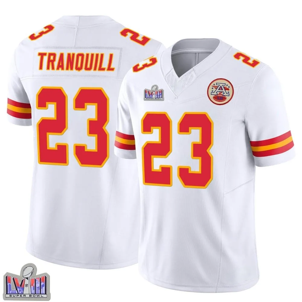Youth Kansas City Chiefs Drue Tranquill Nike Vapor F.U.S.E. Super Bowl LVIII Patch Limited White Jersey Youth Kansas City Chiefs Drue Tranquill Nike Vapor F.U.S.E. Super Bowl LVIII Patch Limited White Jersey
