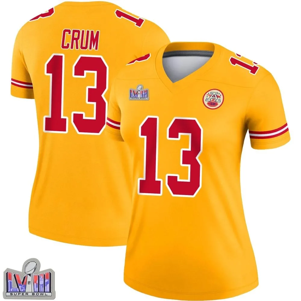 Women's Kansas City Chiefs Dustin Crum Nike Inverted Super Bowl LVIII Patch Legend Gold Jersey Women's Kansas City Chiefs Dustin Crum Nike Inverted Super Bowl LVIII Patch Legend Gold Jersey