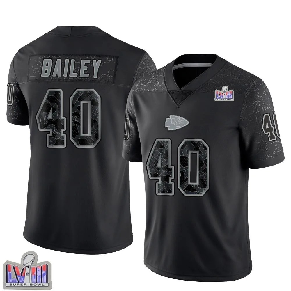 Men's Kansas City Chiefs Emani Bailey Nike Reflective Super Bowl LVIII Patch Limited Black Jersey Men's Kansas City Chiefs Emani Bailey Nike Reflective Super Bowl LVIII Patch Limited Black Jersey