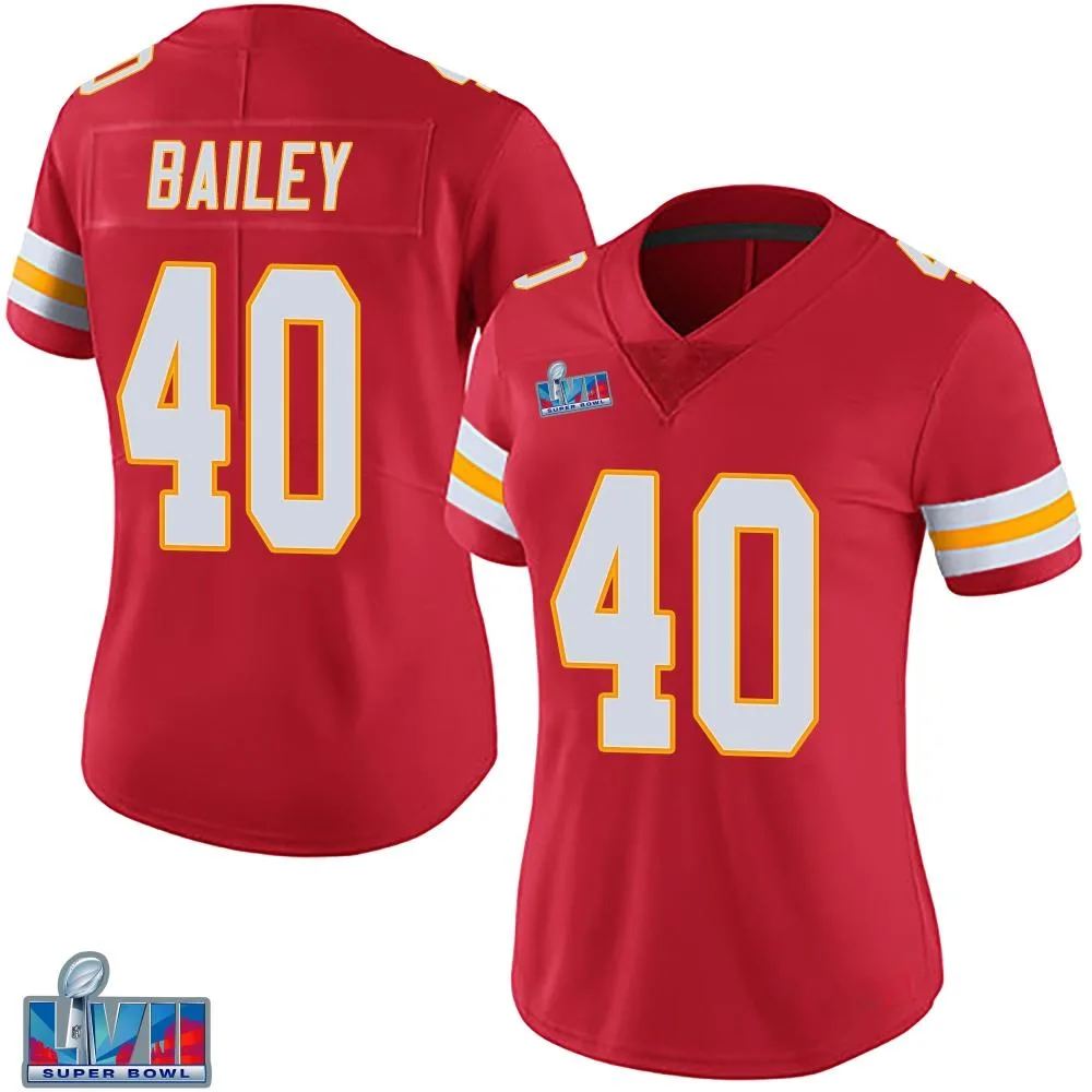 Women's Kansas City Chiefs Emani Bailey Nike Team Color Vapor Untouchable Super Bowl LVII Patch Limited Red Jersey Women's Kansas City Chiefs Emani Bailey Nike Team Color Vapor Untouchable Super Bowl LVII Patch Limited Red Jersey